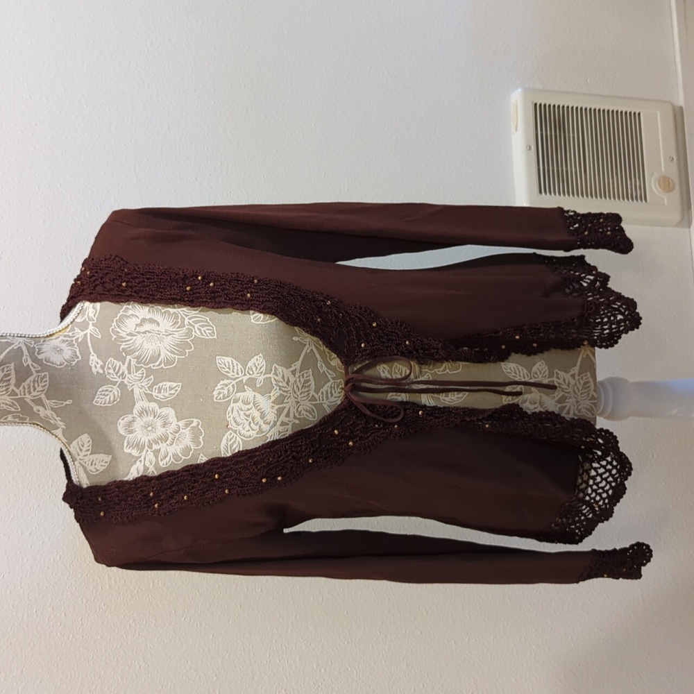 Notations Chocolate Cardi w/Hand Crochet Lace Trim Size Medium
